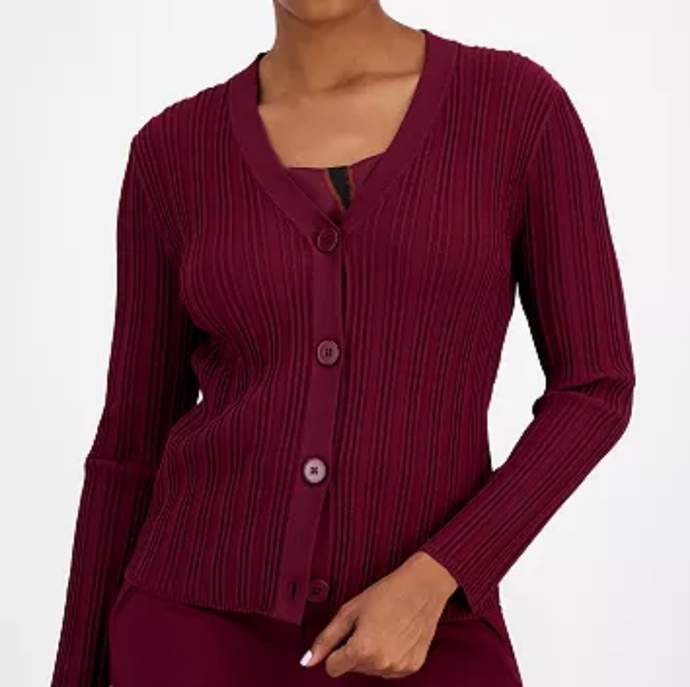 NWT - Bar III - Pinot Noir Multi Ribbed V- Neck Cardigan Sweater - Size L